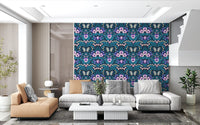 Dollhouse garden, pansies, birds and butterflies Wallpaper for living room.