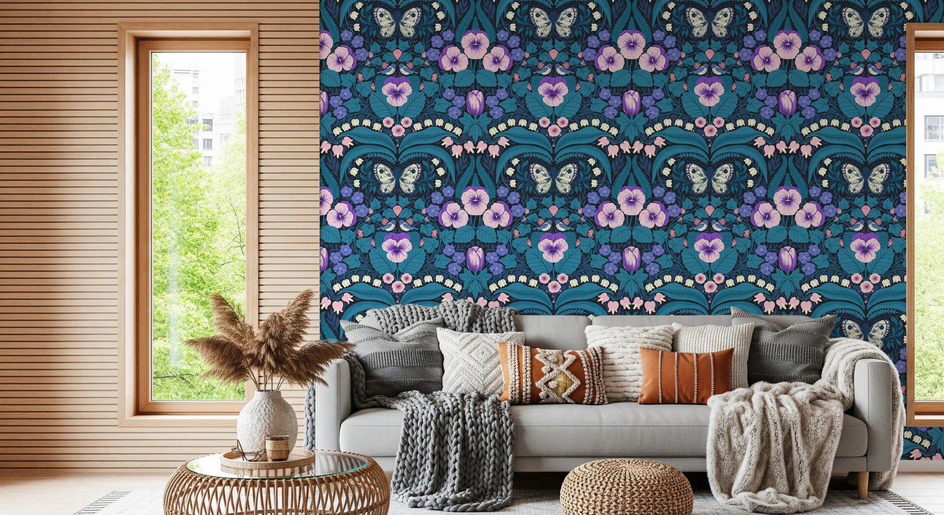 Folk style floral wallpaper with purple pansies and symmetrical birds.