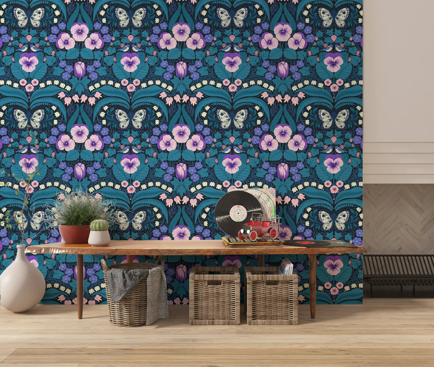 Detailed wallpaper with lily of the valley and purple pansy flowers.