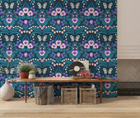 Detailed wallpaper with lily of the valley and purple pansy flowers.