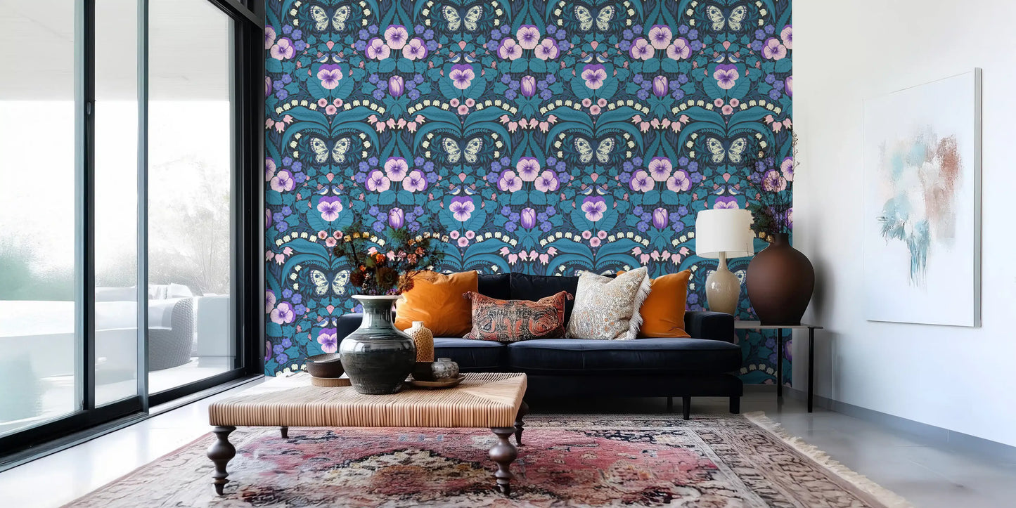 Illustrative wallpaper with blue birds and white butterfly on dark base.