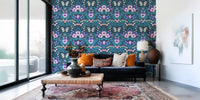 Illustrative wallpaper with blue birds and white butterfly on dark base.