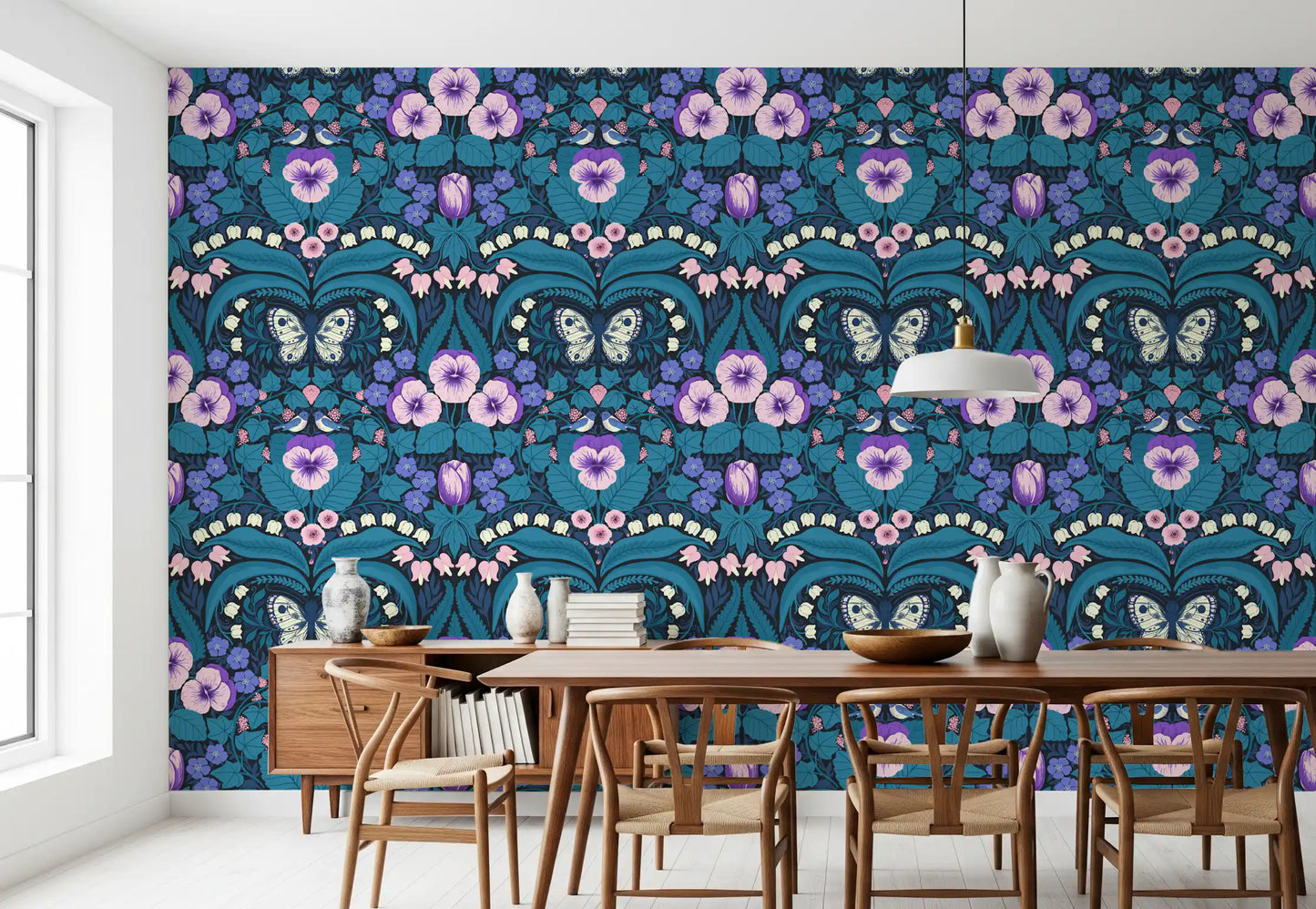 Teal and purple pansy wallpaper for a home dining room feature wall.