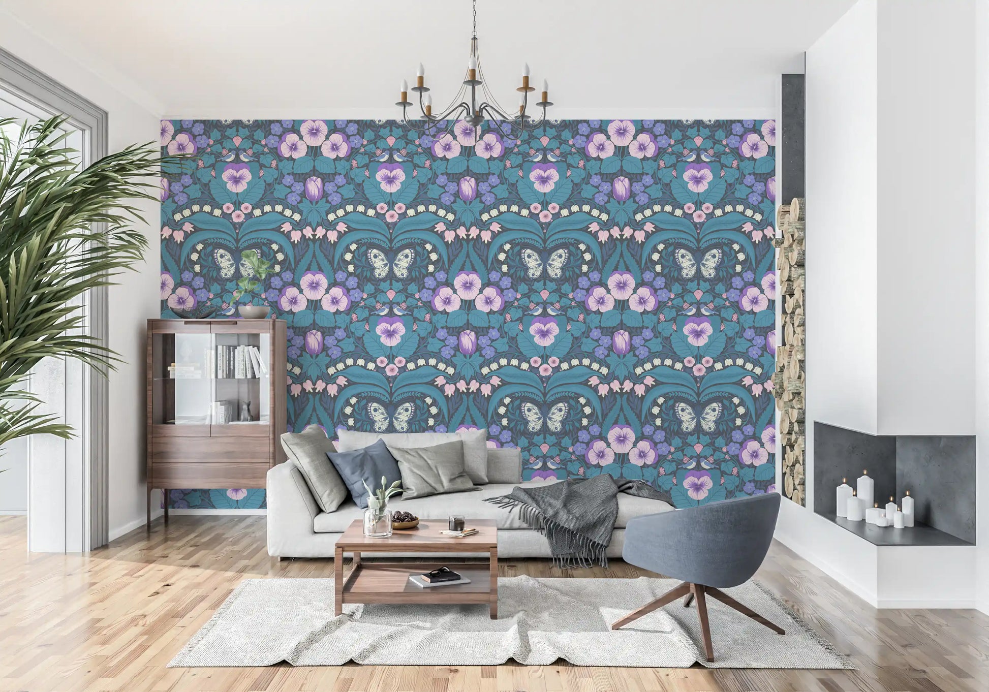 Dollhouse garden, pansies, birds and butterflies Wallpaper in a living room.