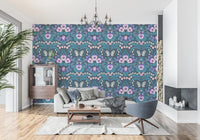 Dollhouse garden, pansies, birds and butterflies Wallpaper in a living room.