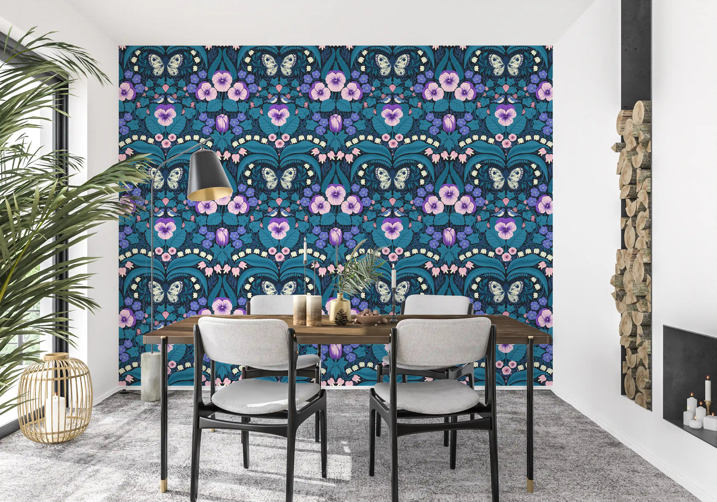Dark navy floral wallpaper with teal leaves and cream butterfly design.