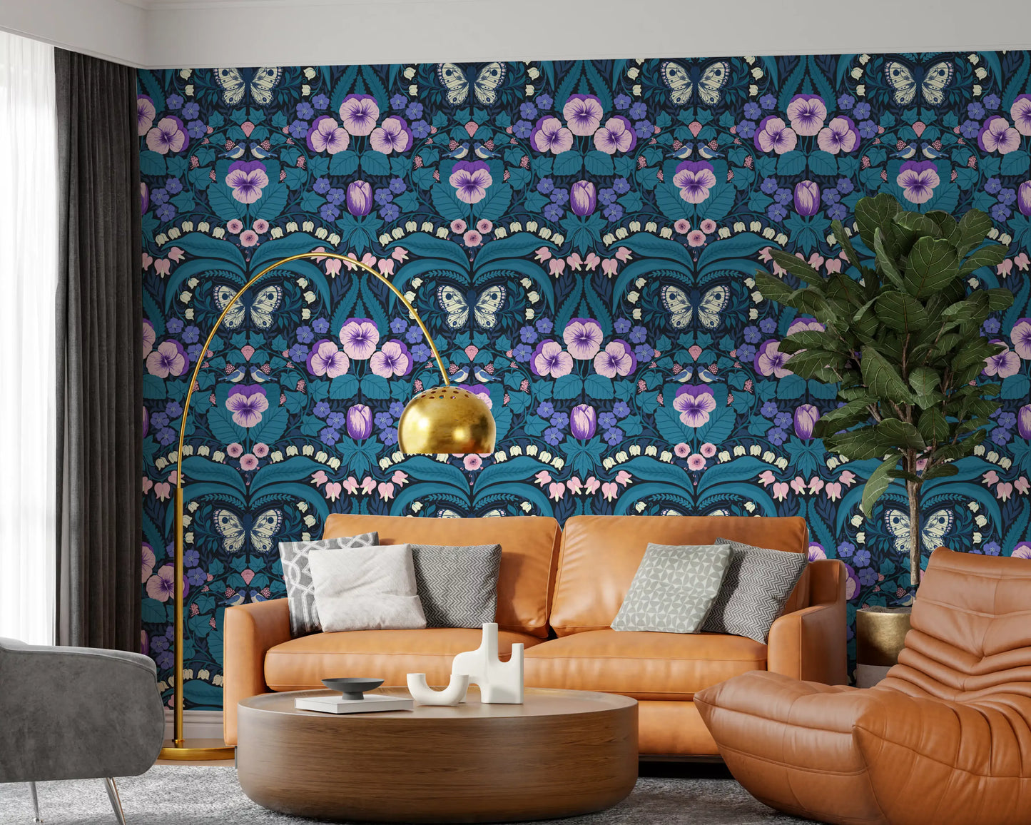 Symmetrical botanical wallpaper with cream butterfly and navy background.