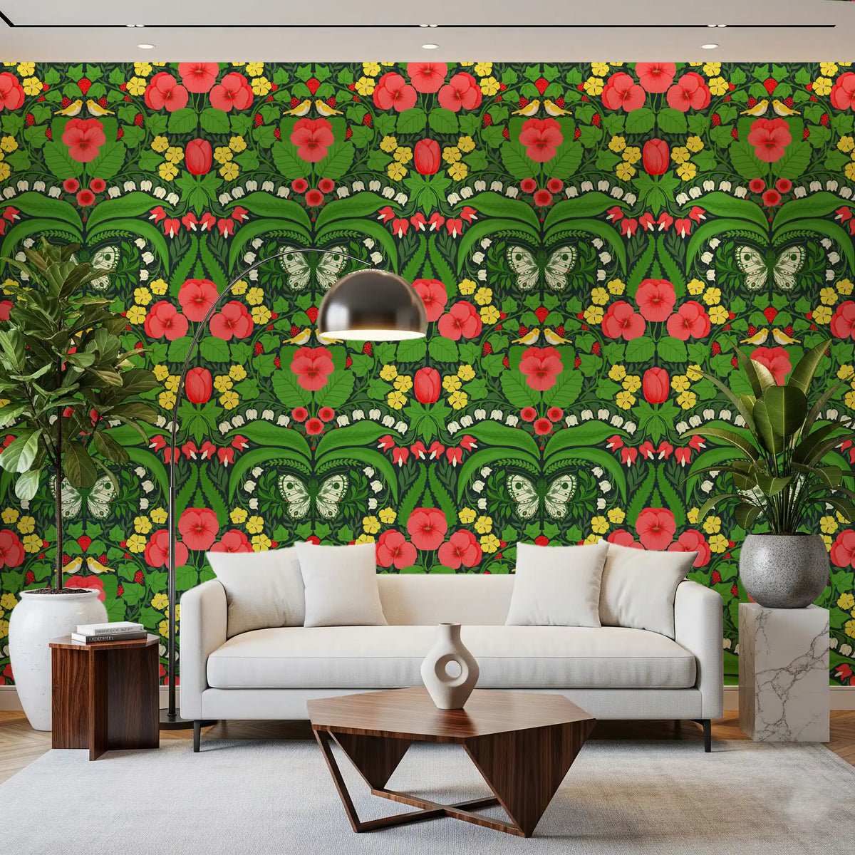 Illustrative birds wallpaper with two yellow finches for a living room., GD9822