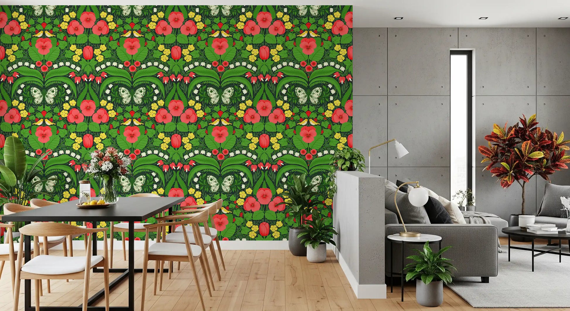 Nature themed wallpaper with red pansies and yellow birds for a home.
