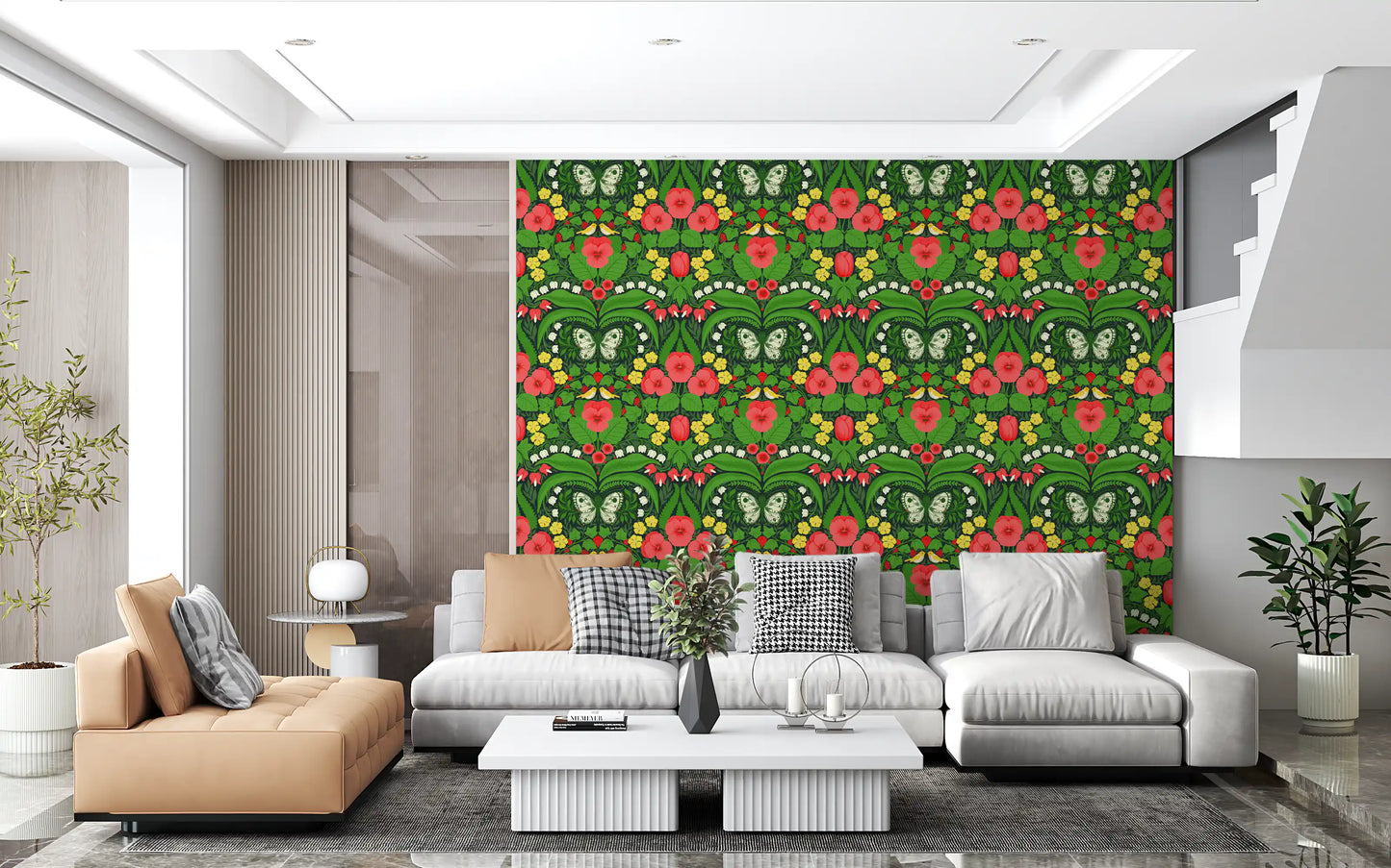 Dollhouse garden, pansies, birds and butterflies Wallpaper with botanical folk motifs.