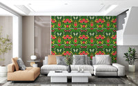 Dollhouse garden, pansies, birds and butterflies Wallpaper with botanical folk motifs.