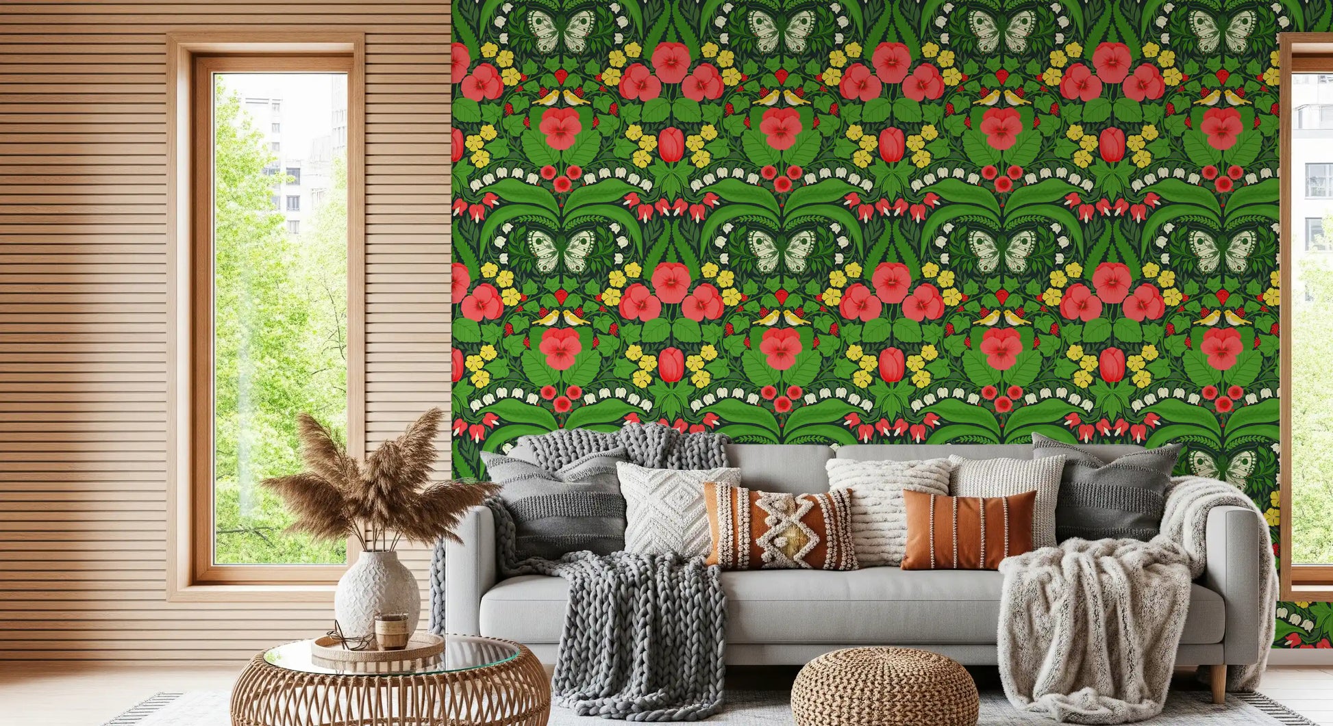 Symmetrical butterflies wallpaper featuring white wings and green leaves.