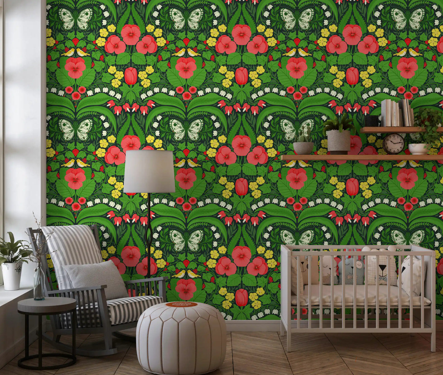 Dark green garden wallpaper with red pansies and yellow flowers for nursery.