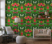 Dark green garden wallpaper with red pansies and yellow flowers for nursery.