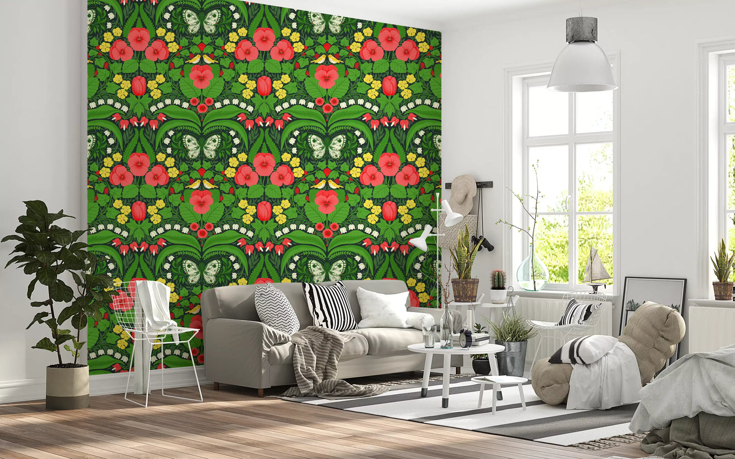 Floral wallpaper with white lilies of the valley and pansies for hallway walls.