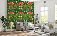 Floral wallpaper with white lilies of the valley and pansies for hallway walls.