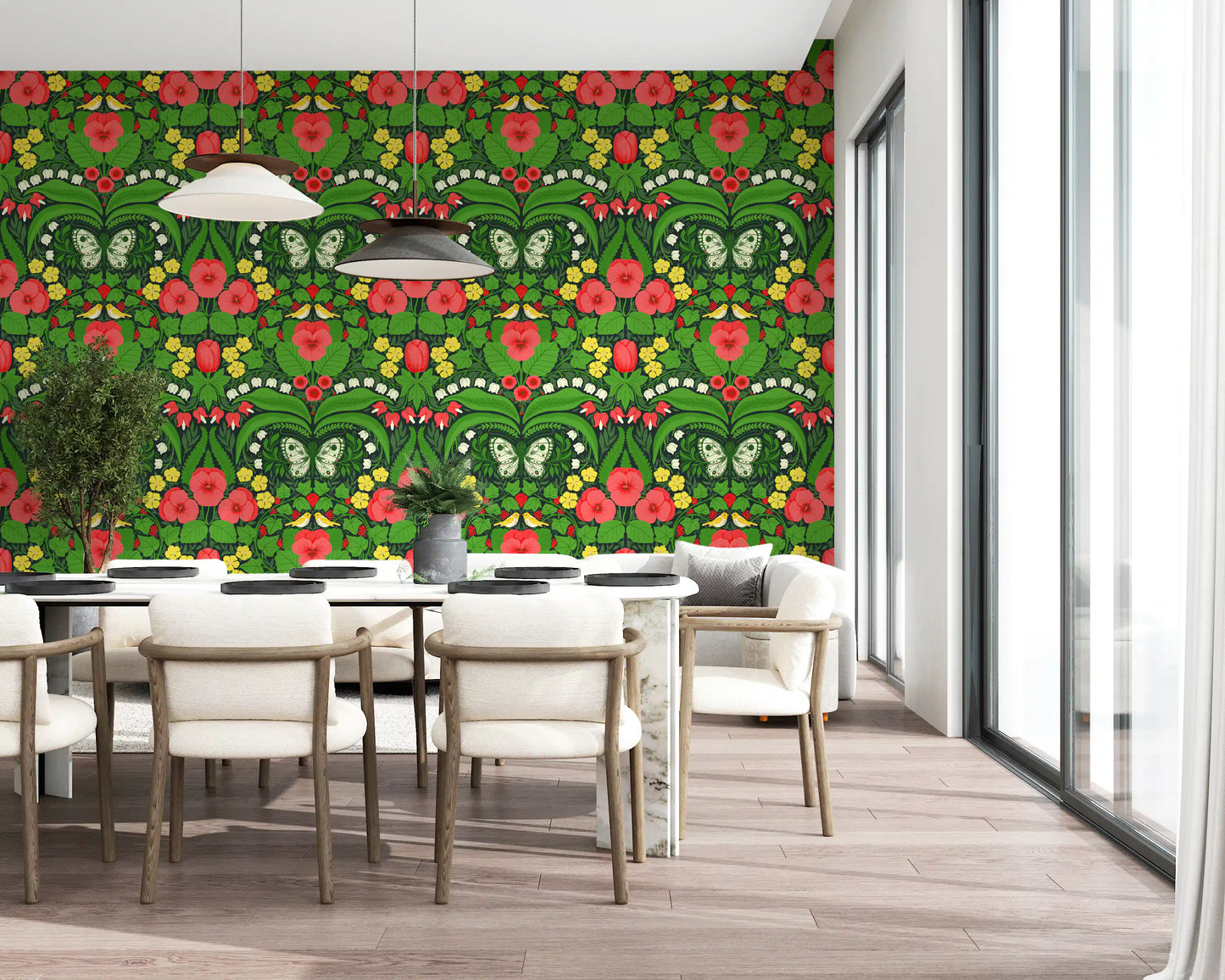 Dollhouse garden, pansies, birds and butterflies Wallpaper with red floral patterns.