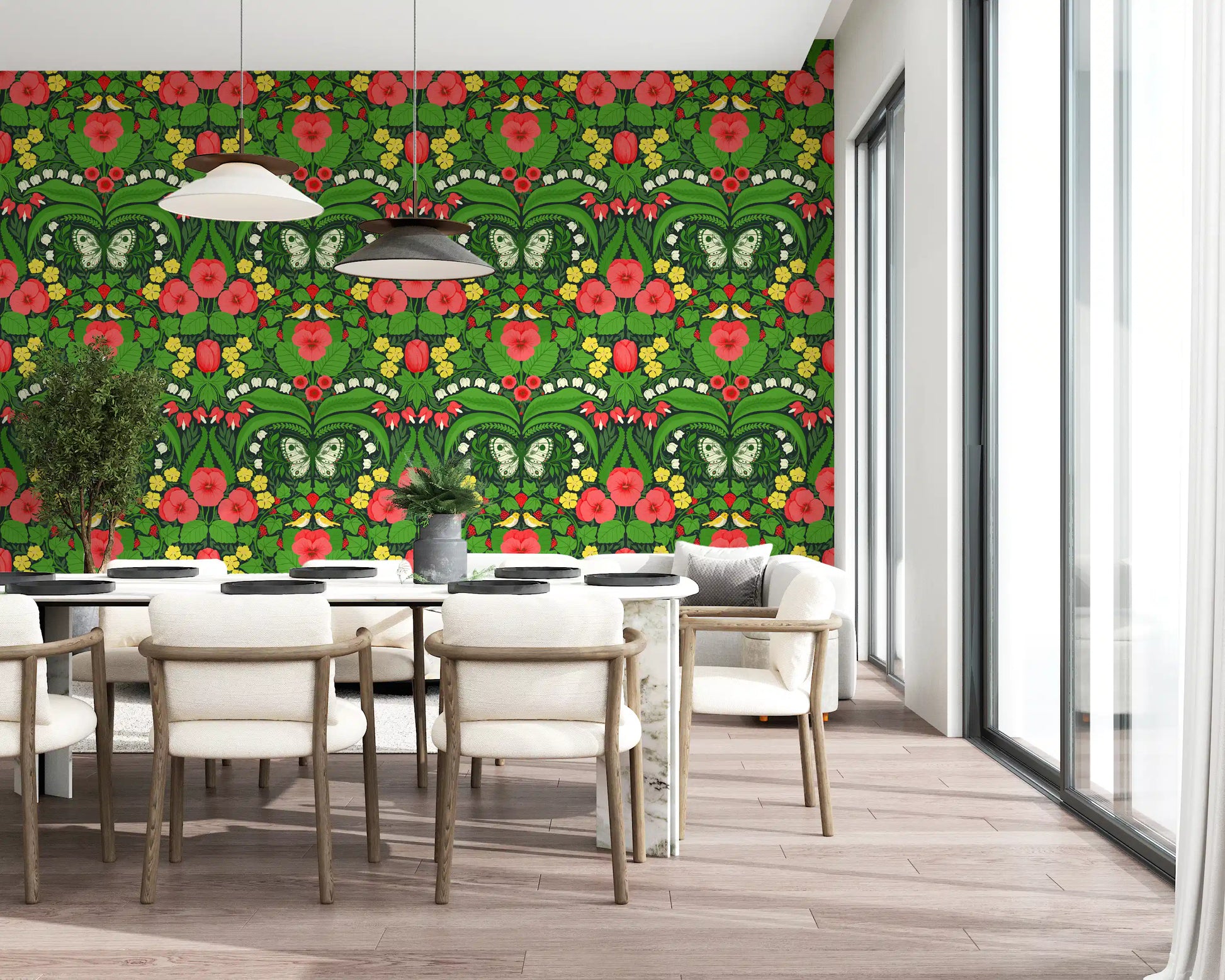 Dollhouse garden, pansies, birds and butterflies Wallpaper with red floral patterns.