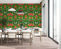 Dollhouse garden, pansies, birds and butterflies Wallpaper with red floral patterns.