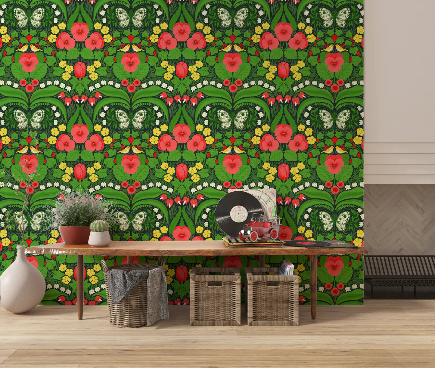 Dollhouse garden, pansies, birds and butterflies Wallpaper with botanical garden art.