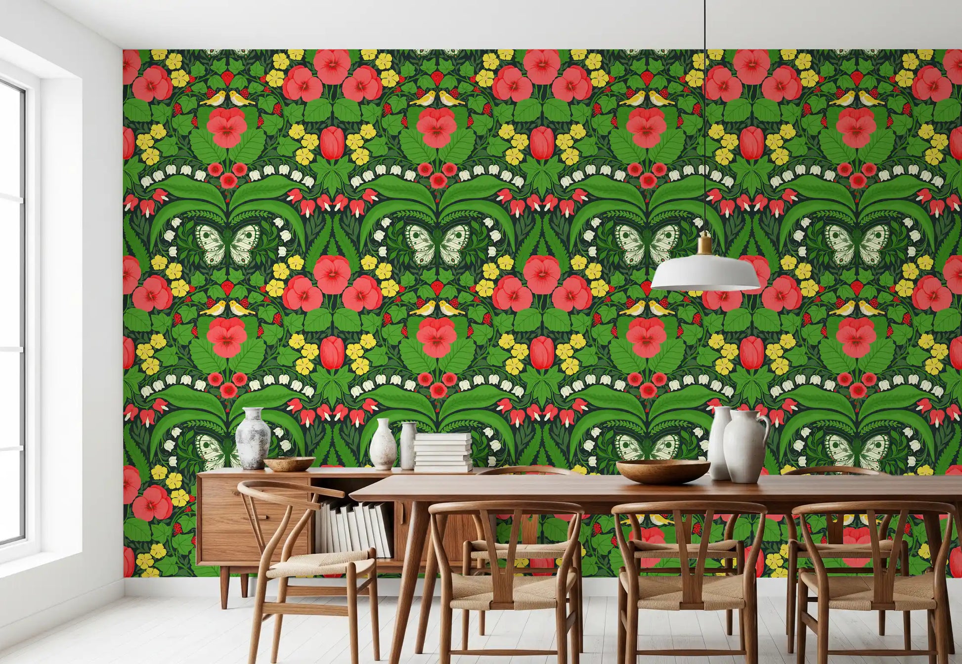 Symmetrical folk art wallpaper with yellow birds and white butterflies for a dining room.