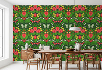 Symmetrical folk art wallpaper with yellow birds and white butterflies for a dining room.