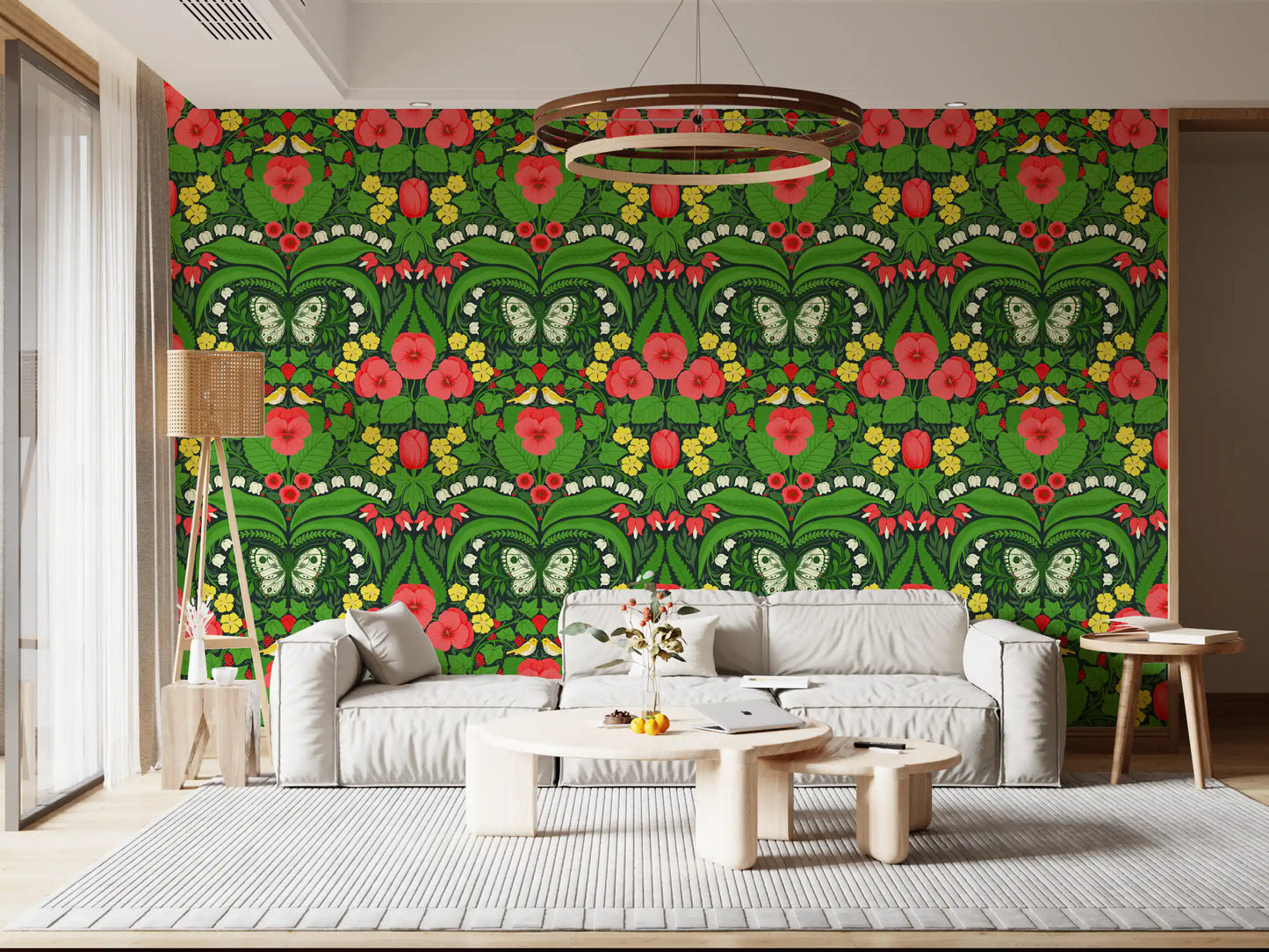 Red and yellow pansies wallpaper on a dark green background for a living room.