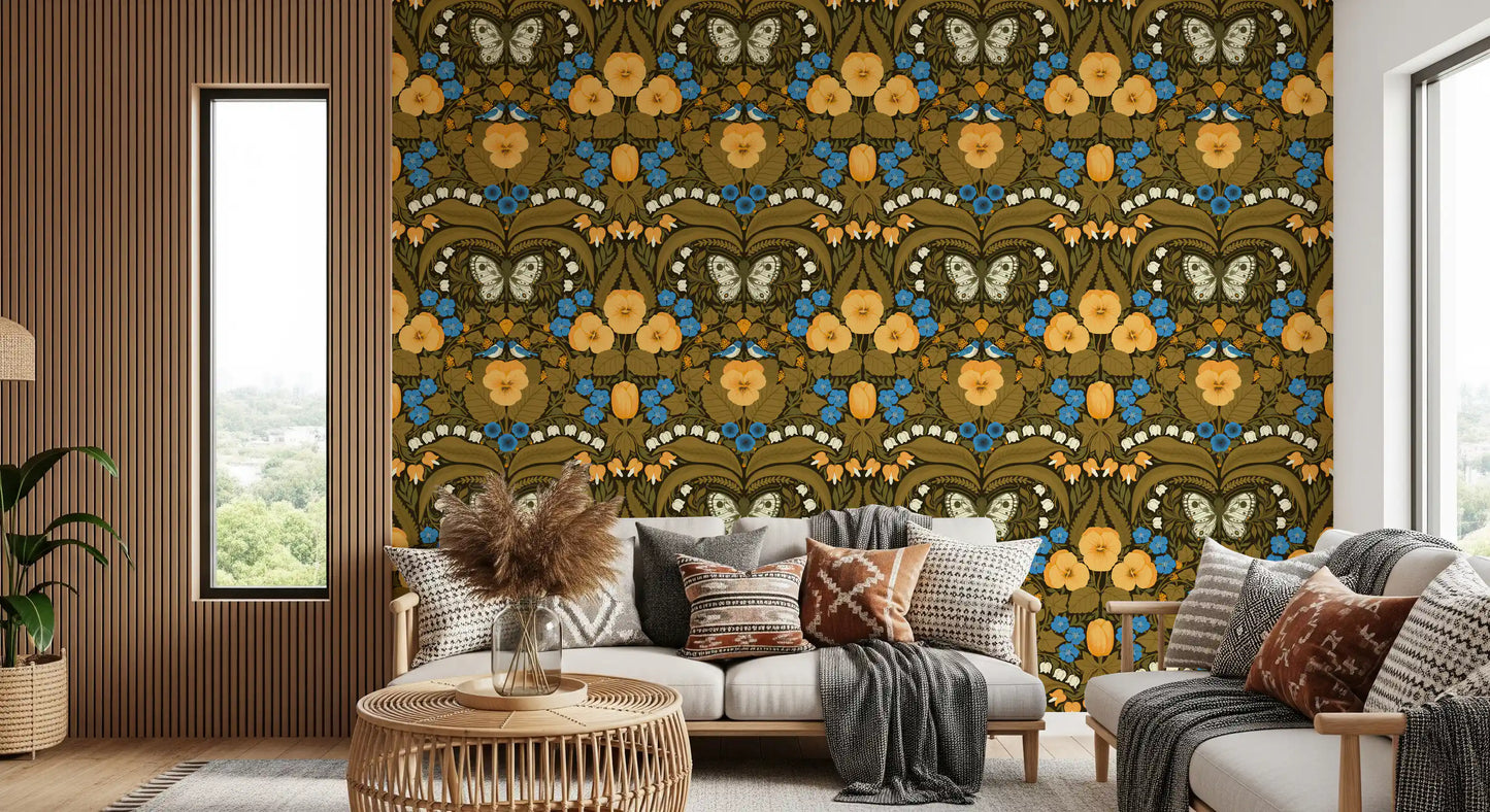Dollhouse garden, pansies, birds and butterflies Wallpaper in living room.