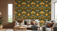 Dollhouse garden, pansies, birds and butterflies Wallpaper in living room.