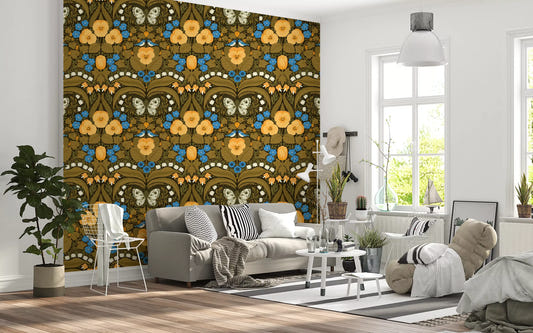 Dollhouse garden, pansies, birds and butterflies Wallpaper for living room walls.