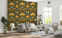 Dollhouse garden, pansies, birds and butterflies Wallpaper for living room walls.