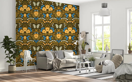 Dollhouse garden, pansies, birds and butterflies Wallpaper for living room walls.