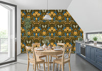 Symmetrical folk art garden wallpaper featuring orange pansies and green leaves.