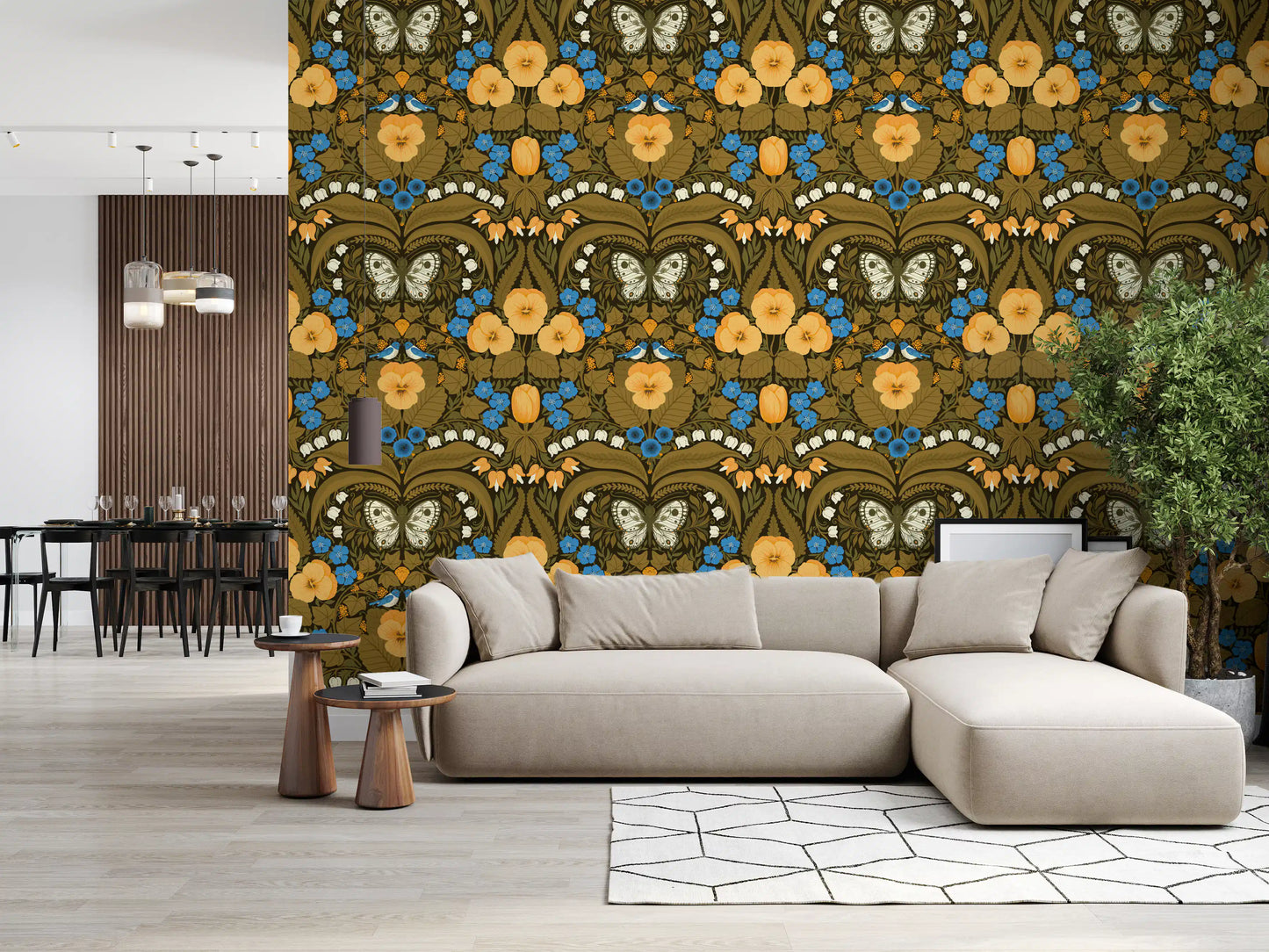 Home office wallpaper with botanical birds and butterfly folk art illustration.