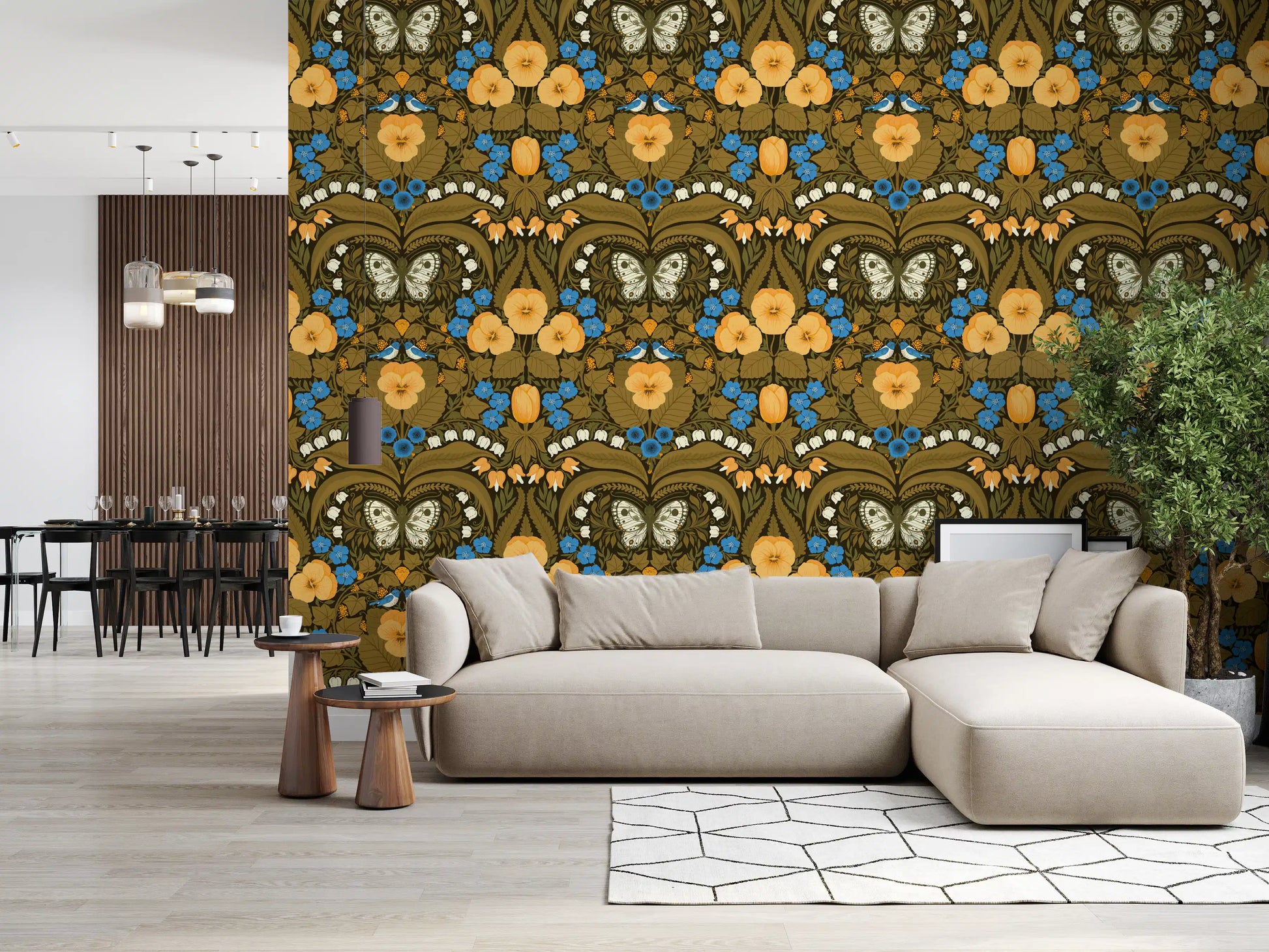 Home office wallpaper with botanical birds and butterfly folk art illustration.
