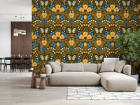 Home office wallpaper with botanical birds and butterfly folk art illustration.