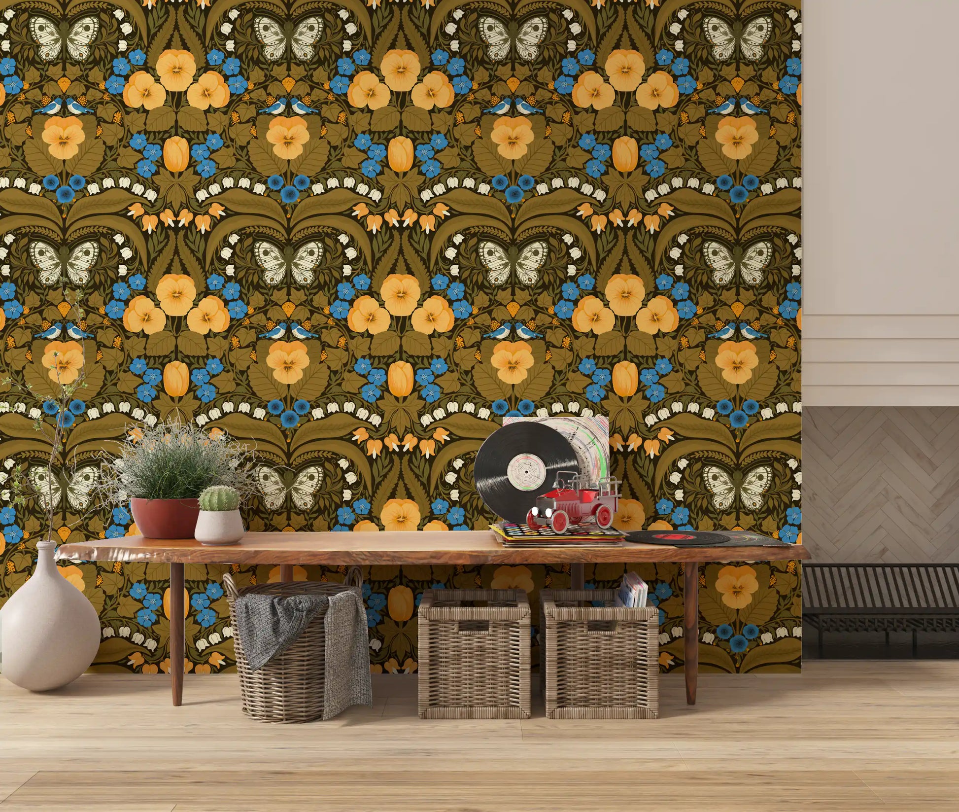 Dollhouse theme wallpaper with blue birds and white lily of the valley flowers.