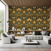 Dollhouse garden, pansies, birds and butterflies Wallpaper with botanical patterns.