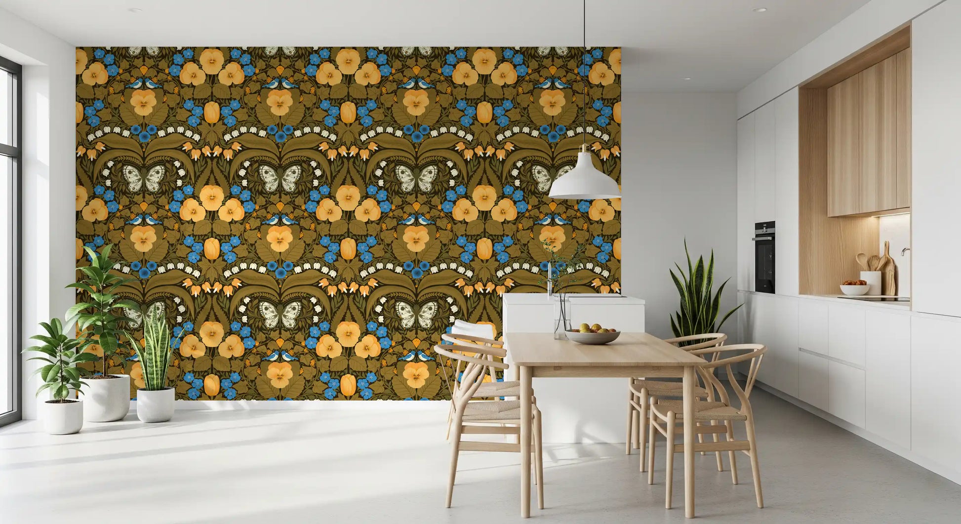 Large white butterfly and blue birds wallpaper design for a dining room. space.