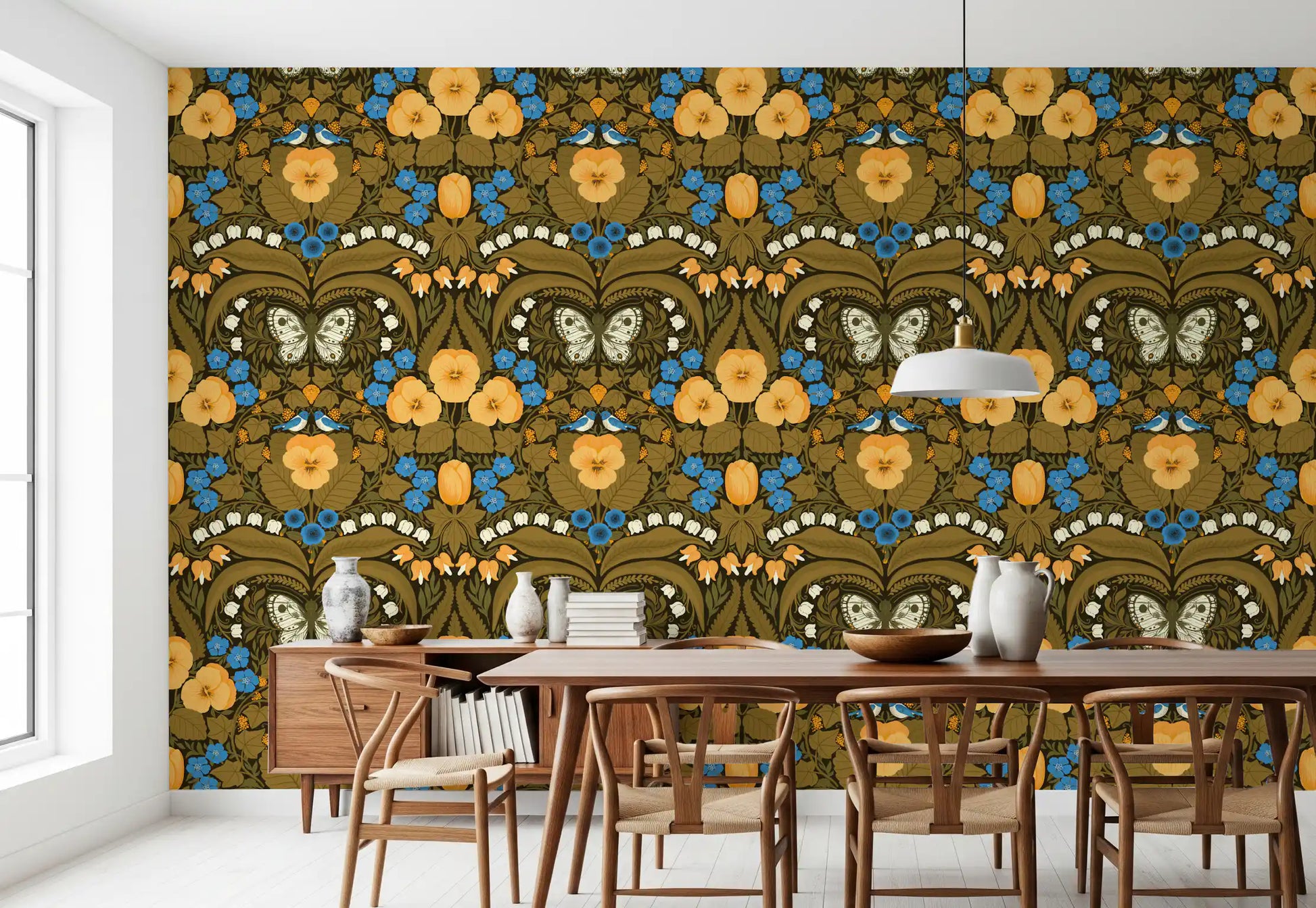 Dining room wallpaper with orange pansies and small blue flowers on dark background.