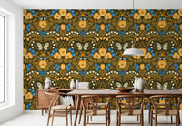Dining room wallpaper with orange pansies and small blue flowers on dark background.