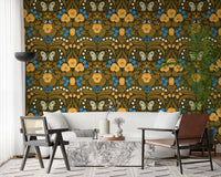 Living room wallpaper with symmetrical garden patterns and floral arrangement.