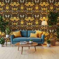 Dollhouse garden, pansies, birds and butterflies Wallpaper for a hallway.