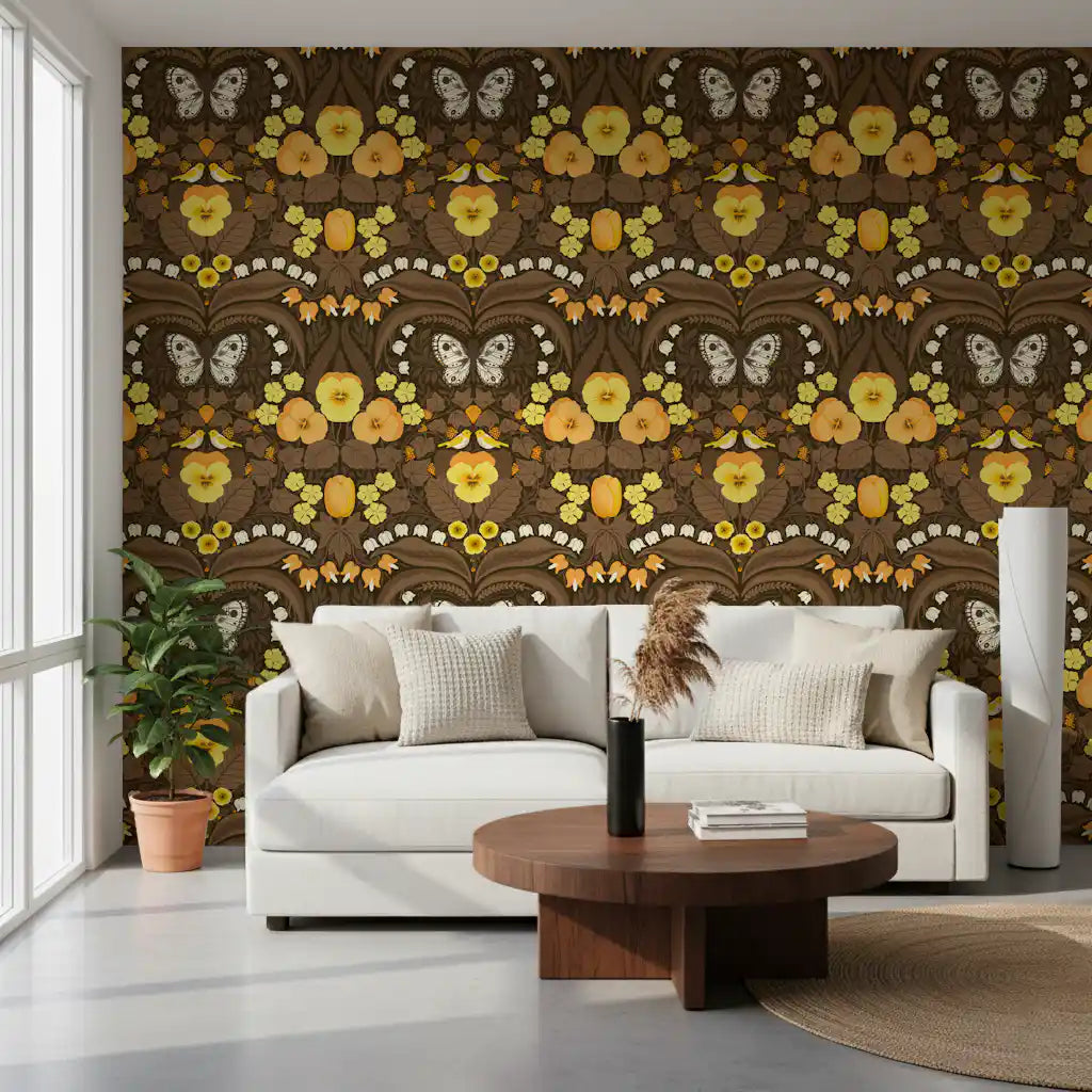 Dollhouse garden, pansies, birds and butterflies Wallpaper for a living room.
