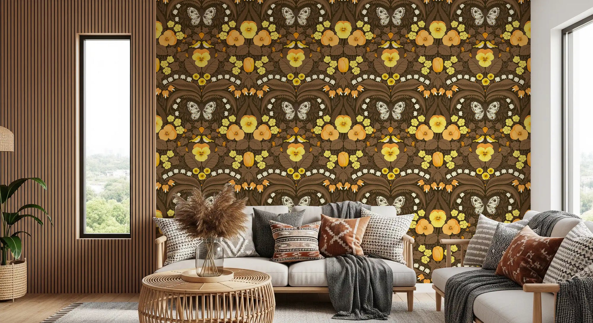 Dollhouse garden, pansies, birds and butterflies Wallpaper in living room., GD9824