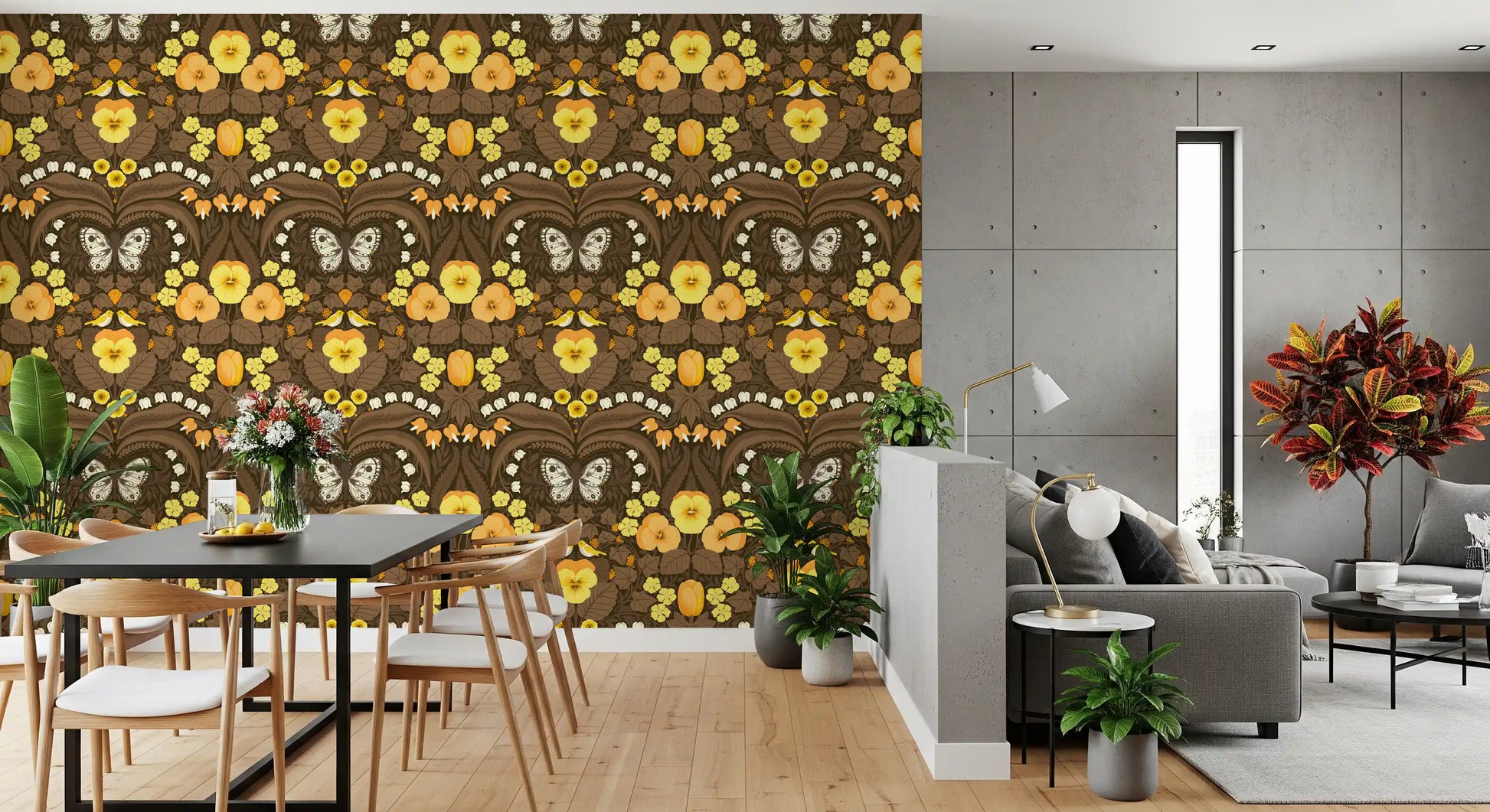 Two small yellow birds on a brown leafy branch illustration wallpaper.