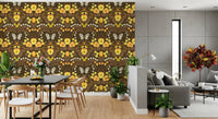 Two small yellow birds on a brown leafy branch illustration wallpaper.