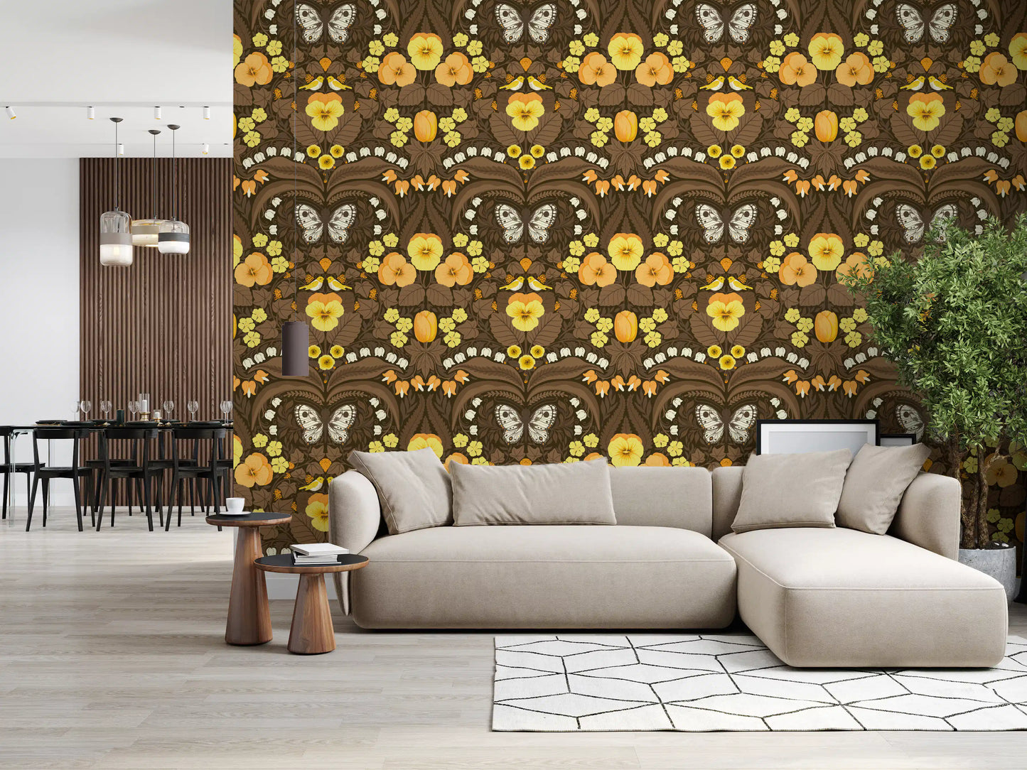 Yellow birds and floral pattern wallpaper for a hallway space backdrop.