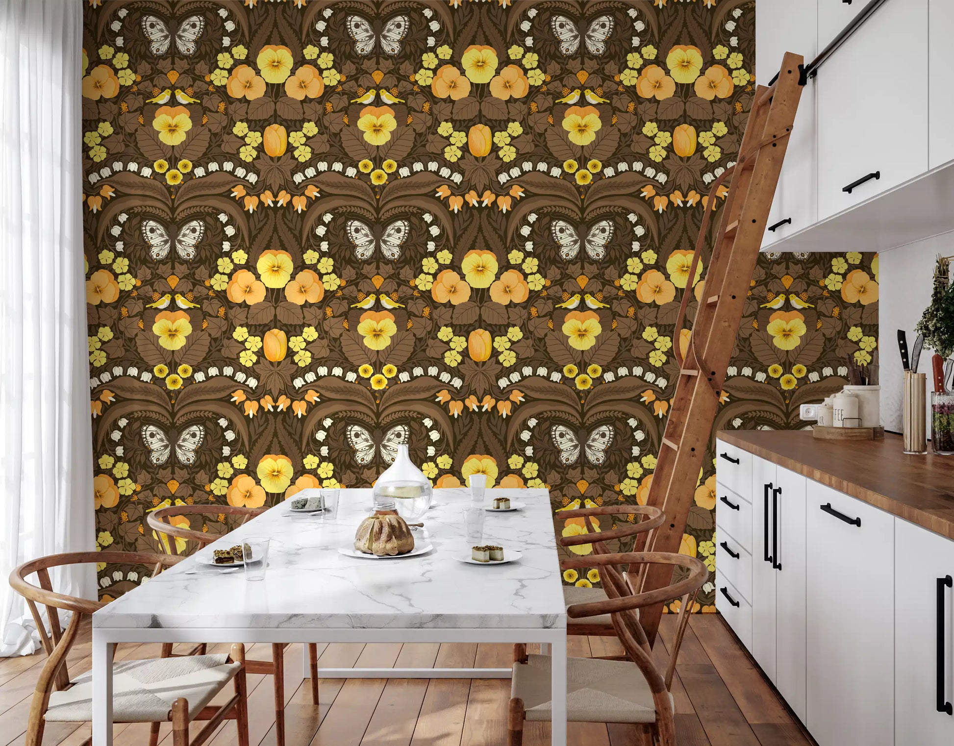 Brown and yellow garden illustration wallpaper with symmetrical floral motifs.