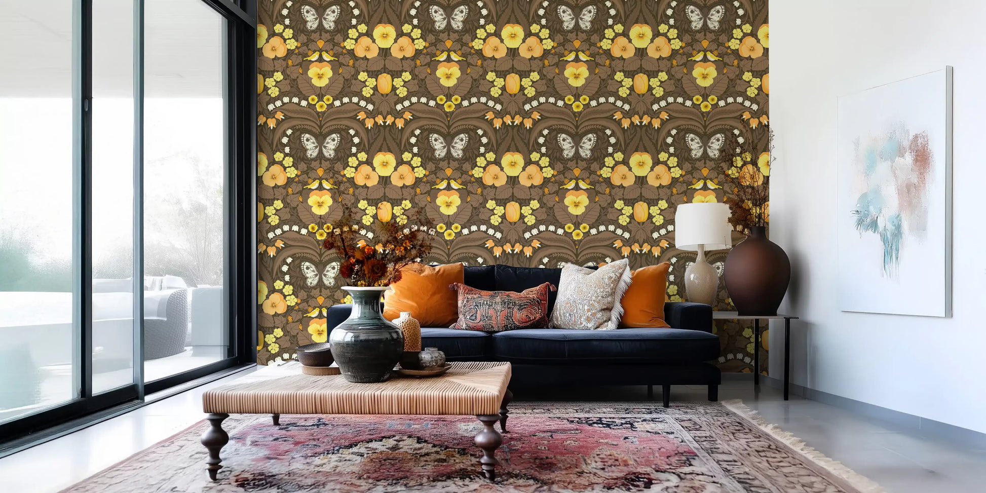 Dollhouse garden, pansies, birds and butterflies Wallpaper bright living space.